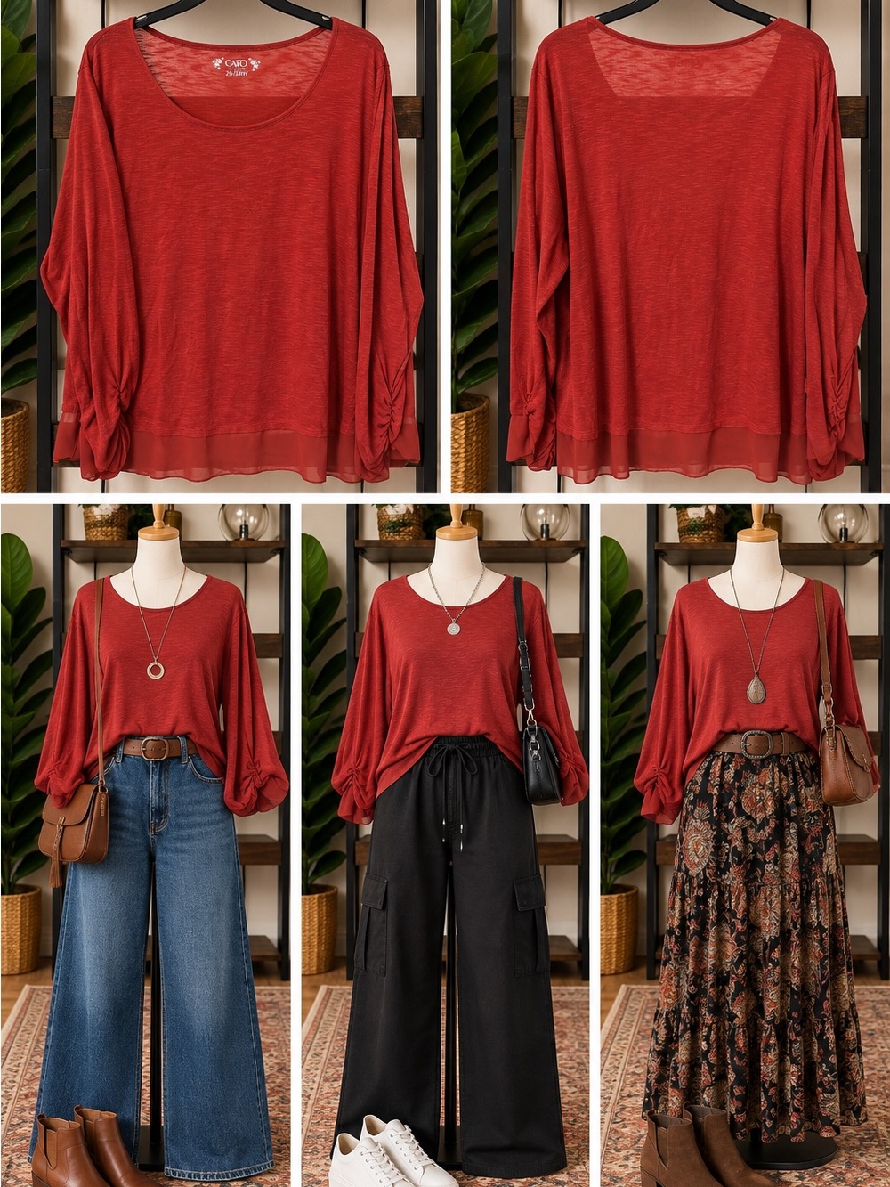 Perfect for Fall! Women's Red/Orange Long-Sleeve Gauzy Hem Blouse